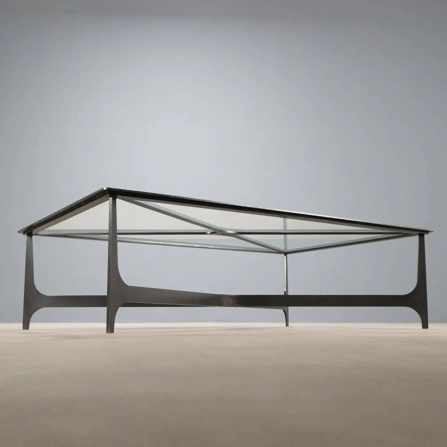 Small antique coffee table in black lacquered iron and glass, Italy, 20th century.