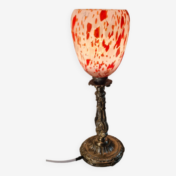 Lampe bronze coquille avec une superbe tulipe tacheter orange rouge sur fond blanc,32x11    , 1920