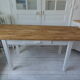 Farm table, leg and belt patinated pearl gray, waxed top medium oak.