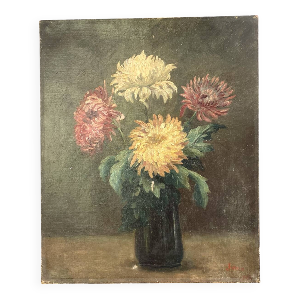 Peinture Ancienne Huile sur Toile Fin XIXe – Nature Morte aux Chrysant