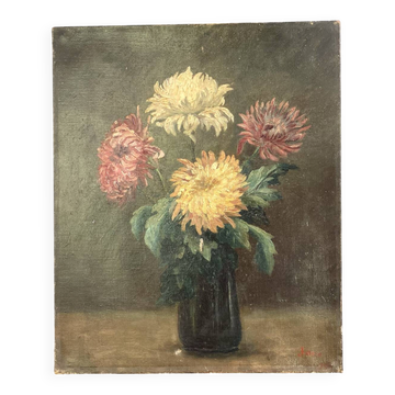 Peinture Ancienne Huile sur Toile Fin XIXe – Nature Morte aux Chrysant