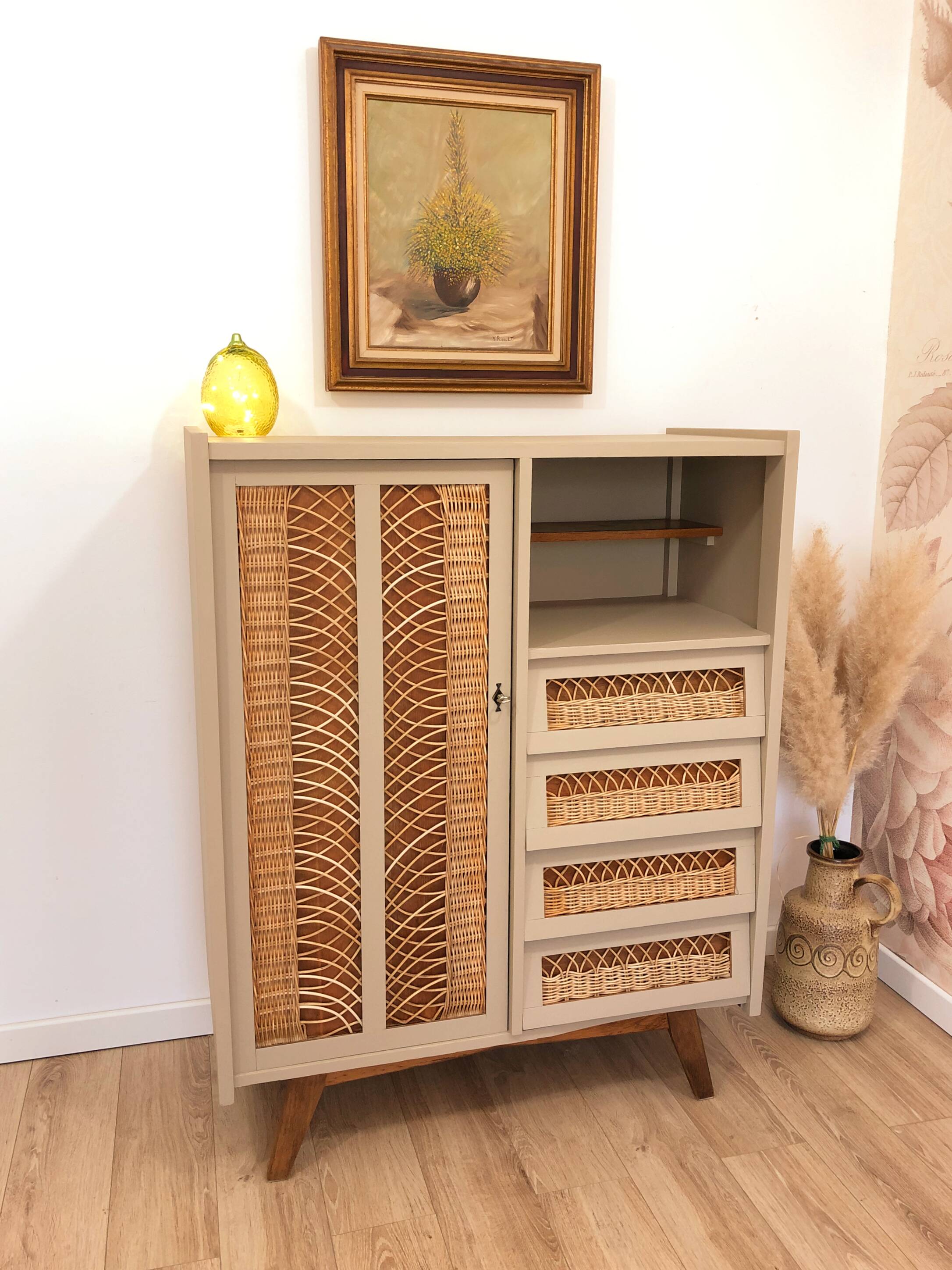 60s/70s wardrobe in wood and rattan