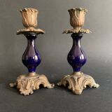 Pair of 19th century Sèvres blue and bronze candlesticks