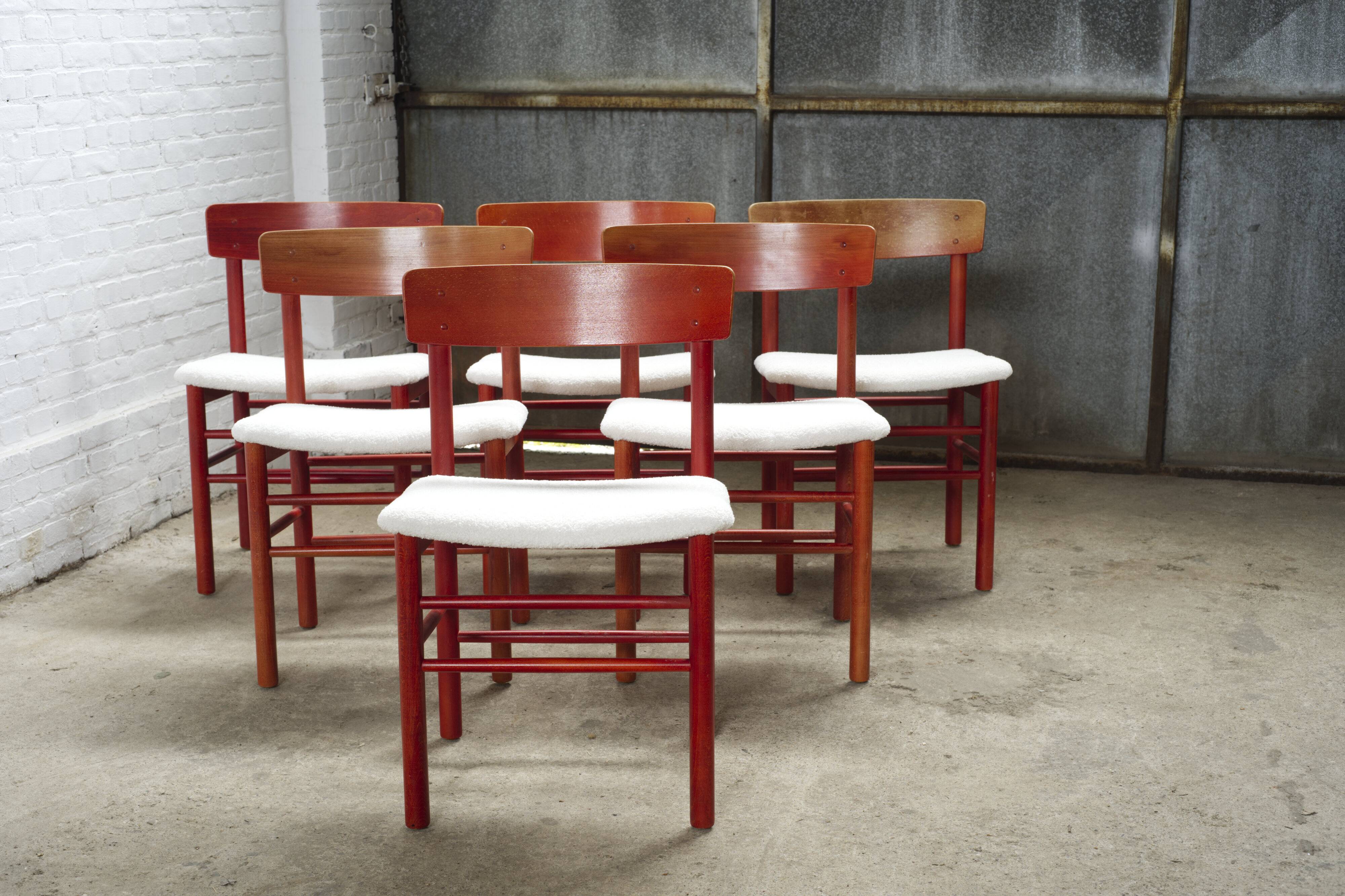 6x red stained beech dining chairs "Model 250" by Farstrup Denmark, 1960's