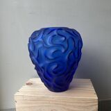 Blue frosted crystal vase Cristallerie de haute Bretagne France