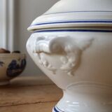 Antique Lonchamp white earthenware soup tureen with blue edging