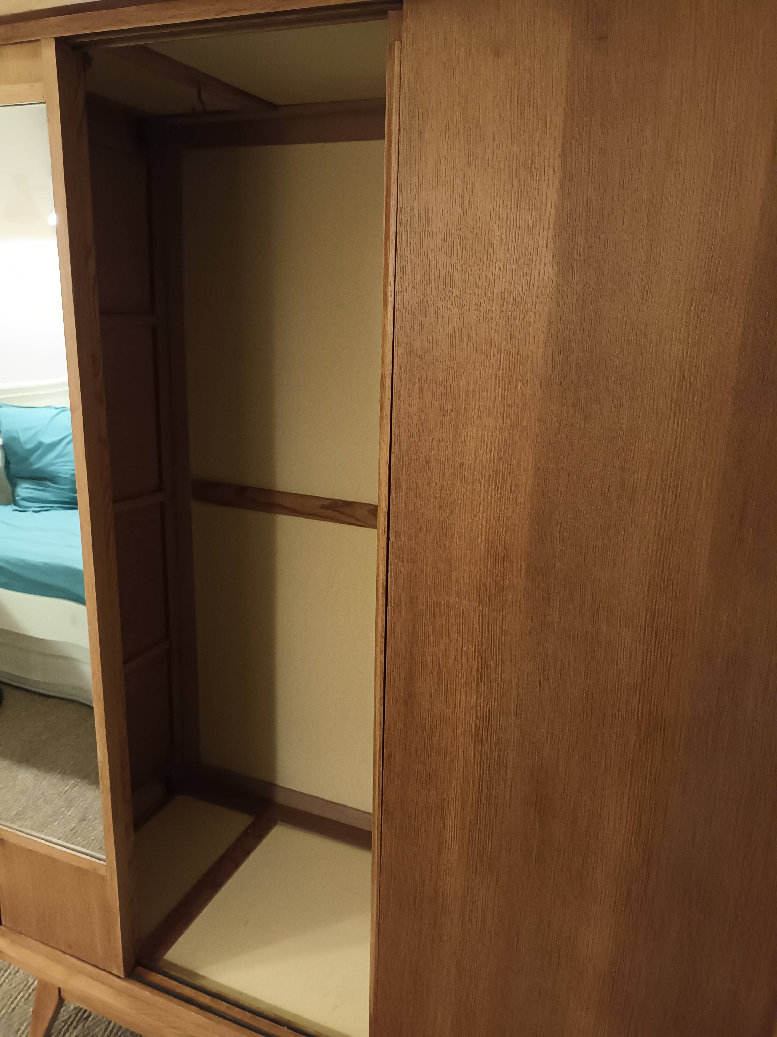 Vintage oak wardrobe with mirror with two sliding doors, France 1960s