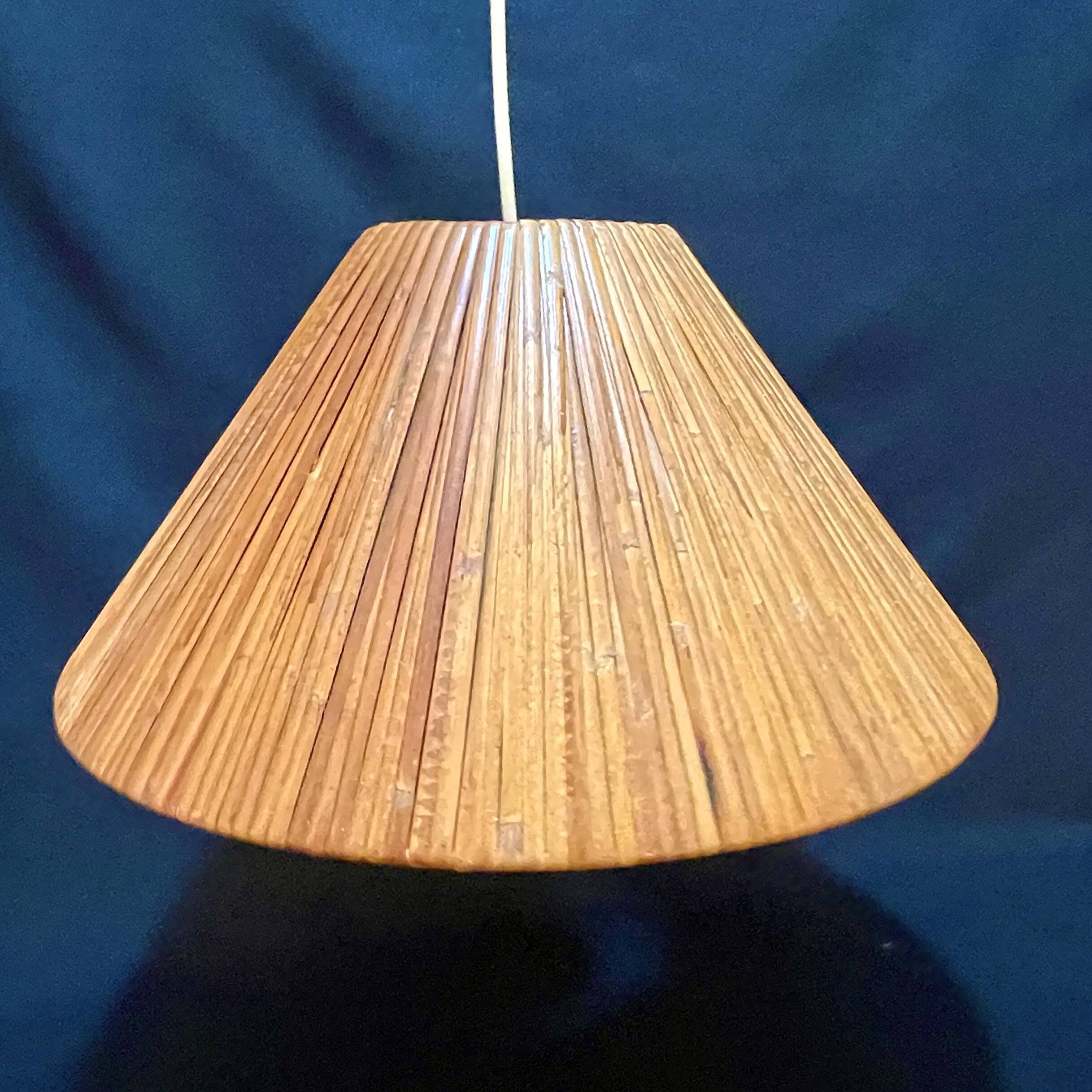 Vintage wicker or rattan conical pendant light from the 70s and 80s, bohemian chic