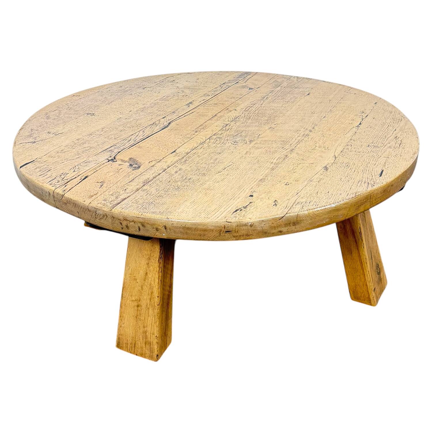 Rustic Solid Oak Coffee Table – Round Brutalist Style – Vintage European De