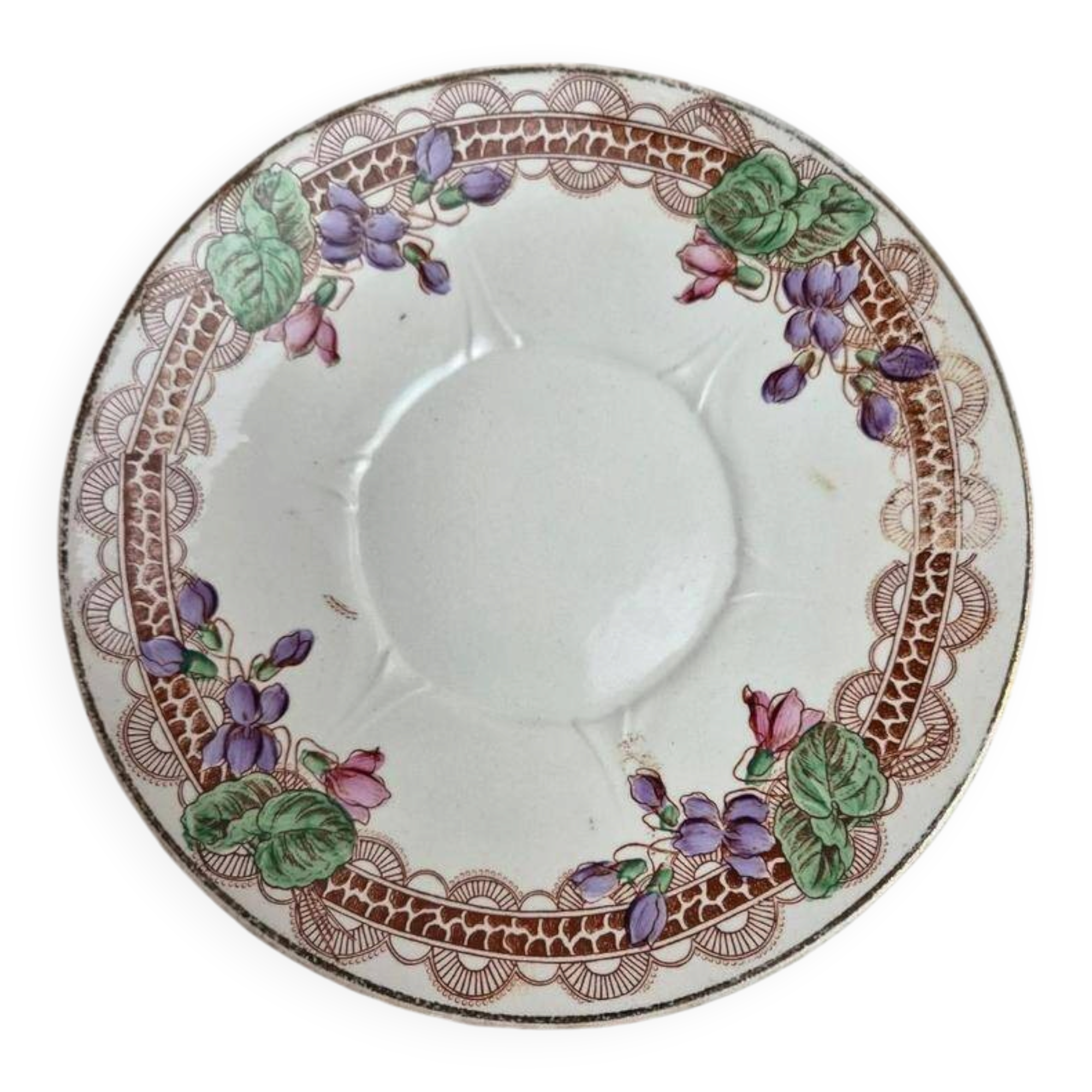 Set of 6 antique dessert plates Longwy – Violets model – Polychrome Art Nouveau decoration