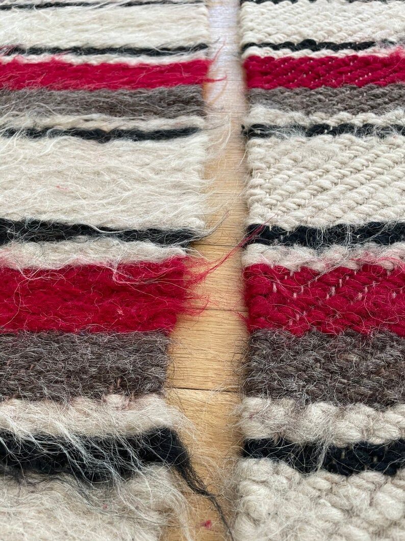 Set of two Romanian wool fluffy rugs with stripes made by hand