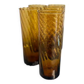 Lot de 5 verres torsadés vintage – orangeade brun orangé – Années 60/70