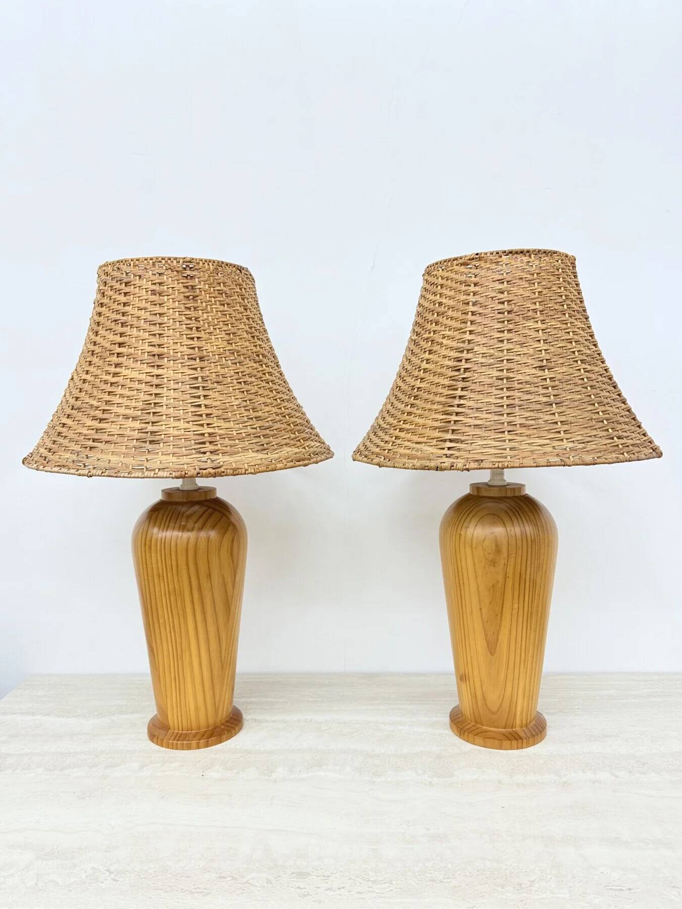 Vintage Ikea solid wooden table lamps with rattan shade, 1980s