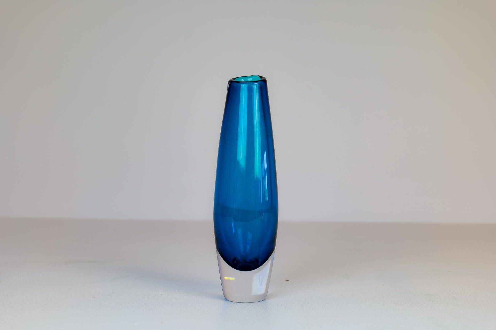 Pair of heavy crystal vases by Orrefors Mid-Century Modern by Sven Palmqvist, light blue.