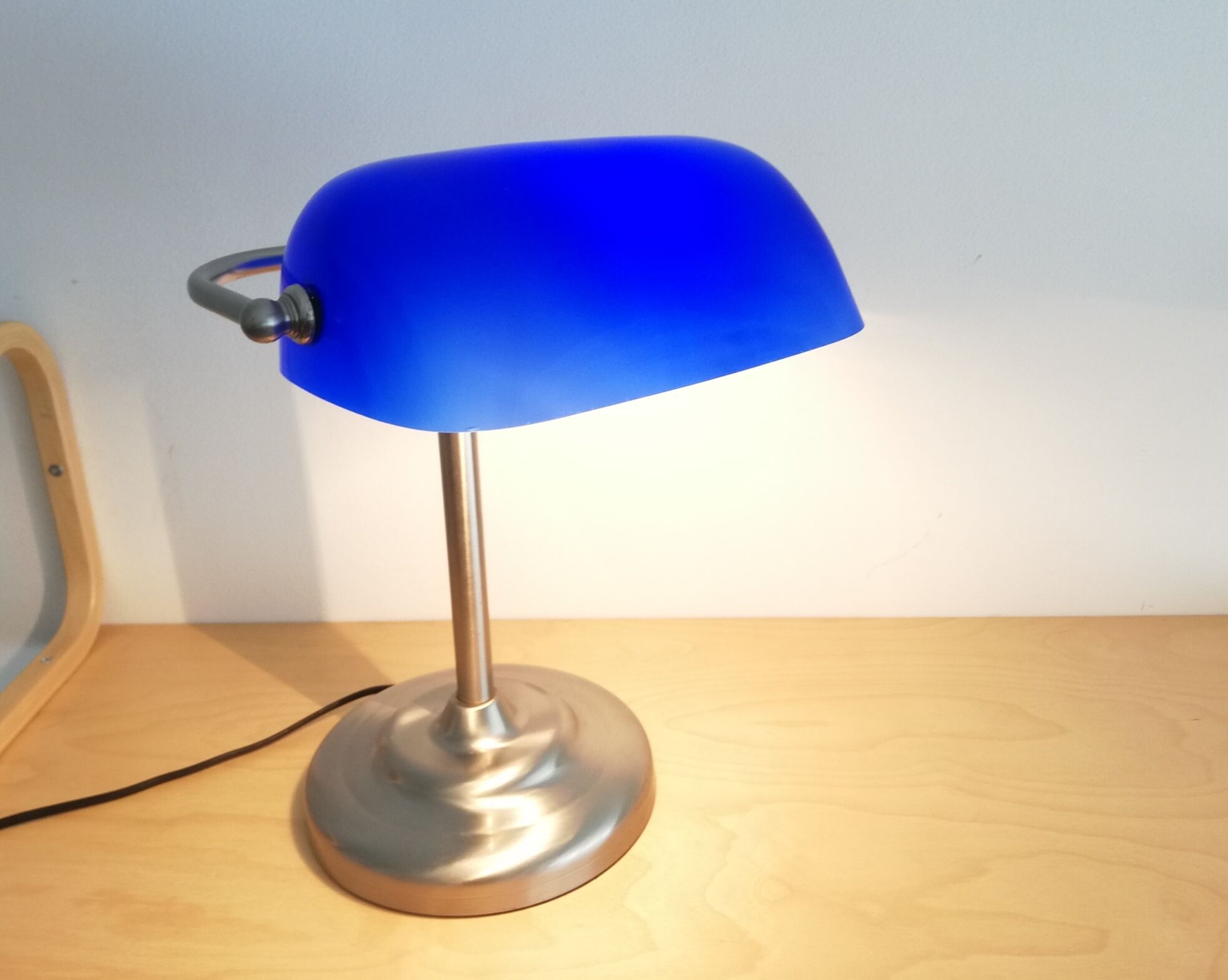 Blue glass and brass bankers lamp