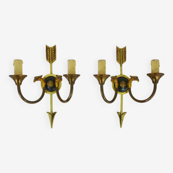 Pair of Empire style arrow wall lights with double eagle heads in bronze