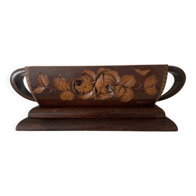 Jardinière Art Déco en bois sculpté signée, décor de roses