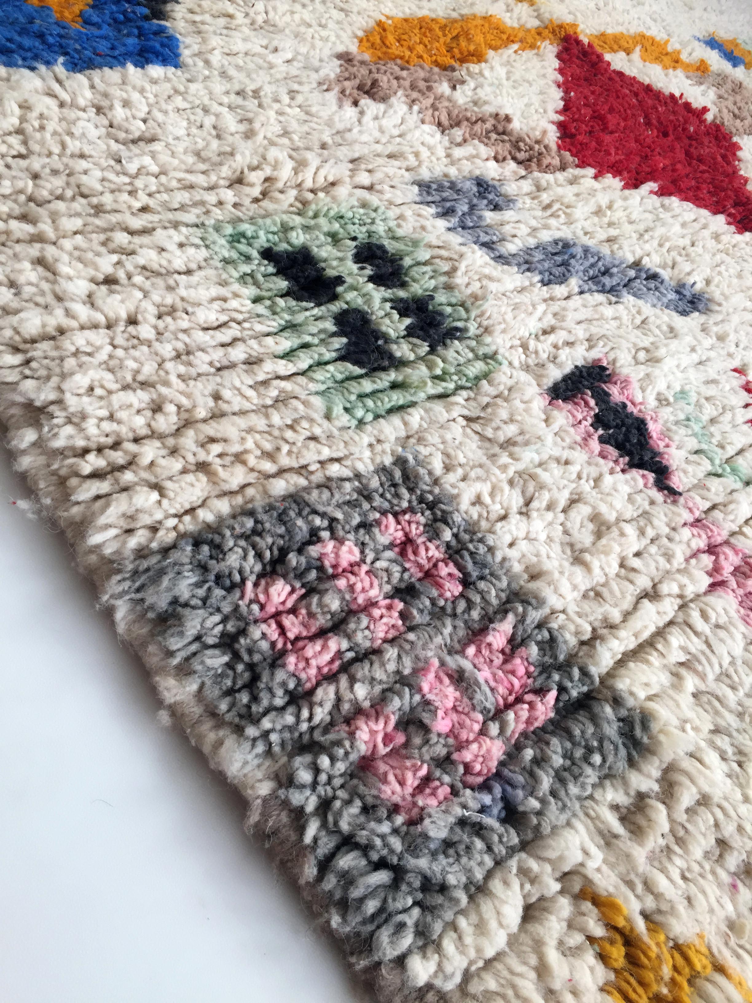 Moroccan Berber carpet Boujaad ecru with colorful patterns 263x185cm