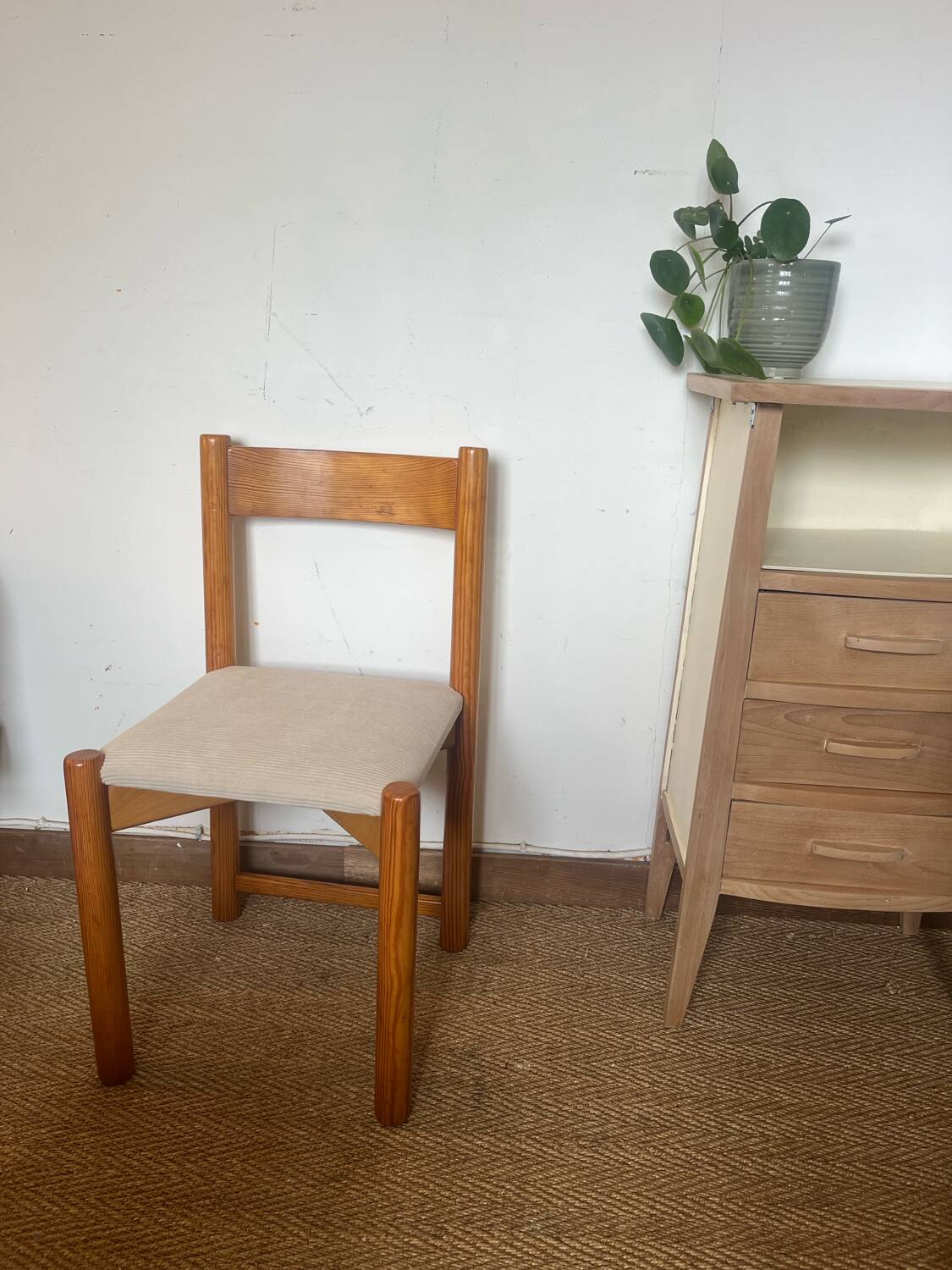 Vintage wooden chair with cream white corduroy seat