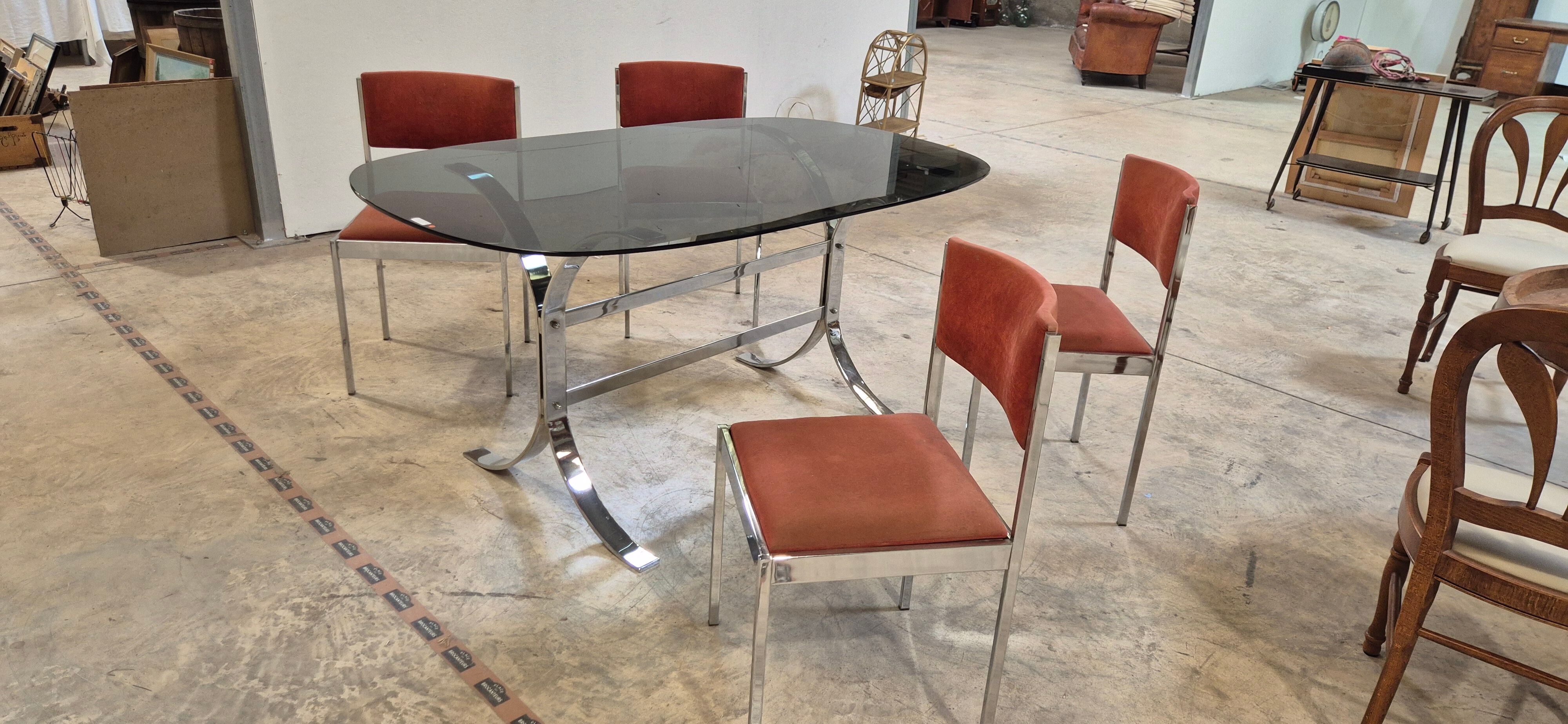 Dining room table + 4 stainless steel and smoked glass chairs 1970