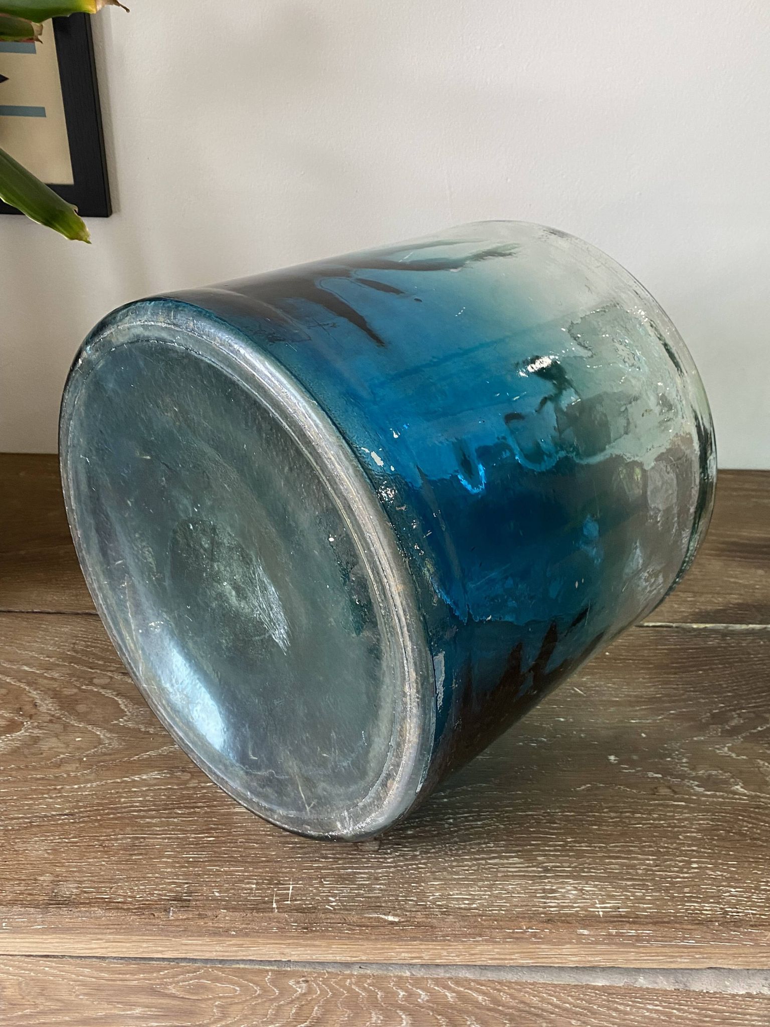 Large blue glass Dame Jeanne vase H45cm