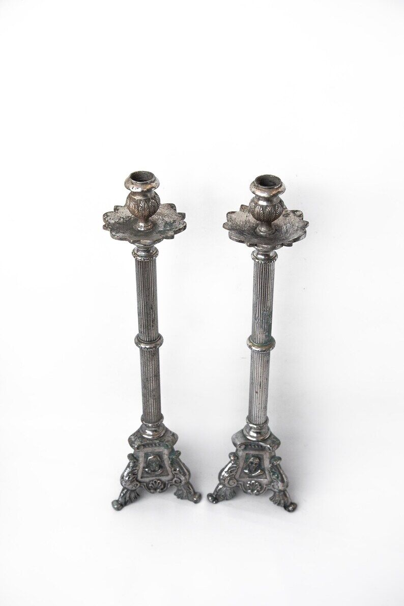 Pair of candle holders, vintage candle holder, silver brass candle holder, church, candle holder, tripod, chandelier