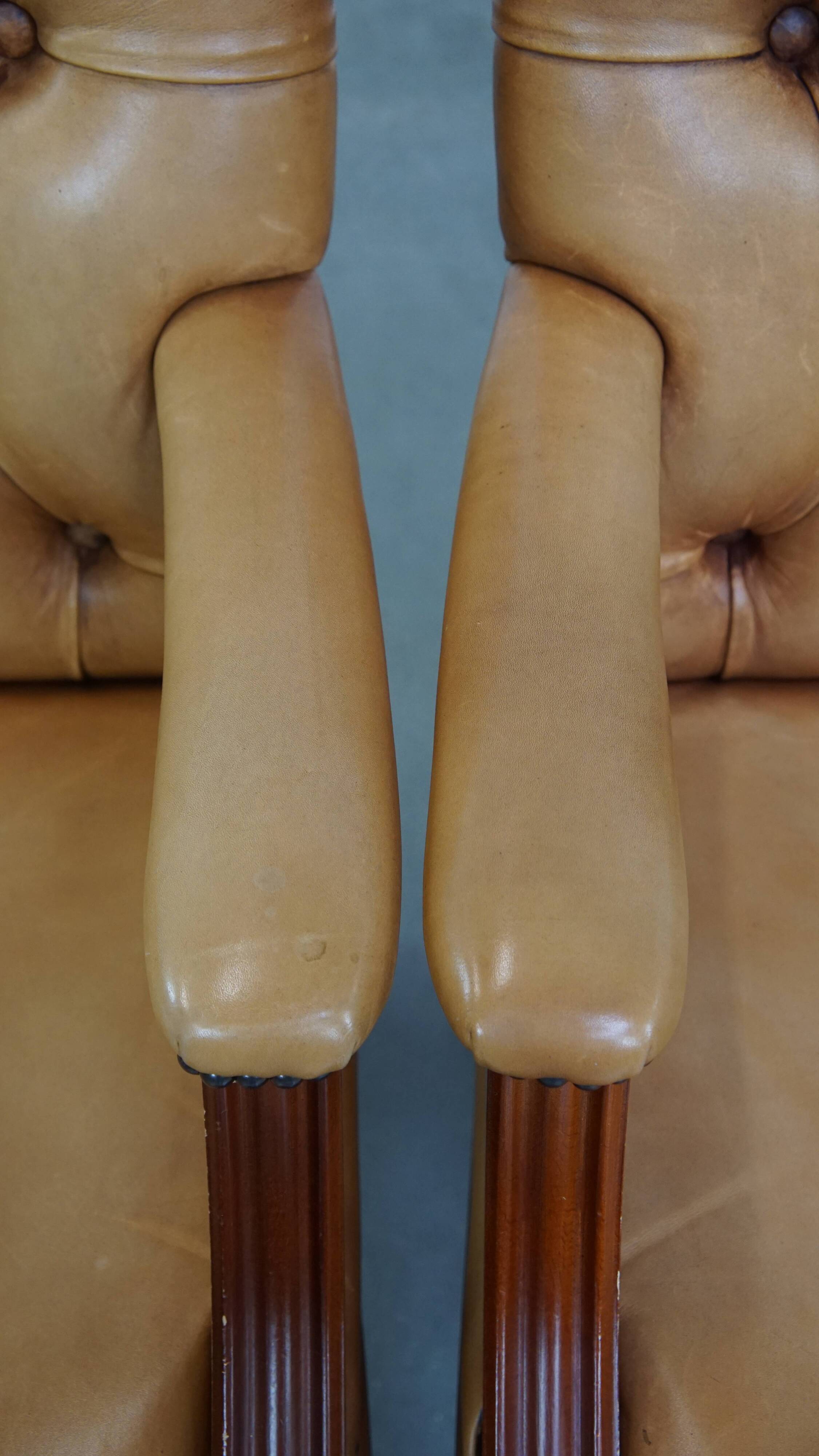 Set of 2 Cowhide Leather Chesterfield Chairs in Light Cognac Color