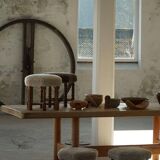 A hexagonal oak stool, seat refurbished in lambswool, Danish design from the 1950s.