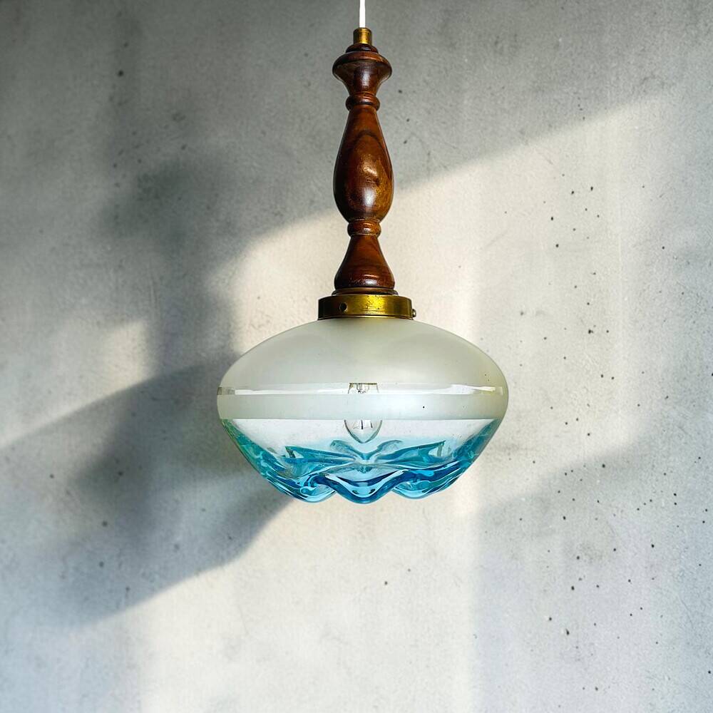 Vintage teak wood agua blue glass pendant lamp