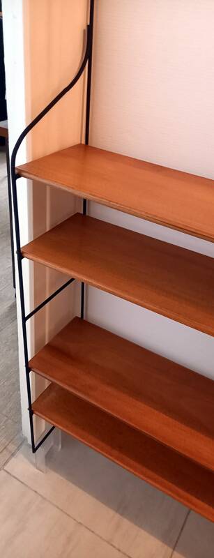 Vintage metal and solid wood string style wall shelf.