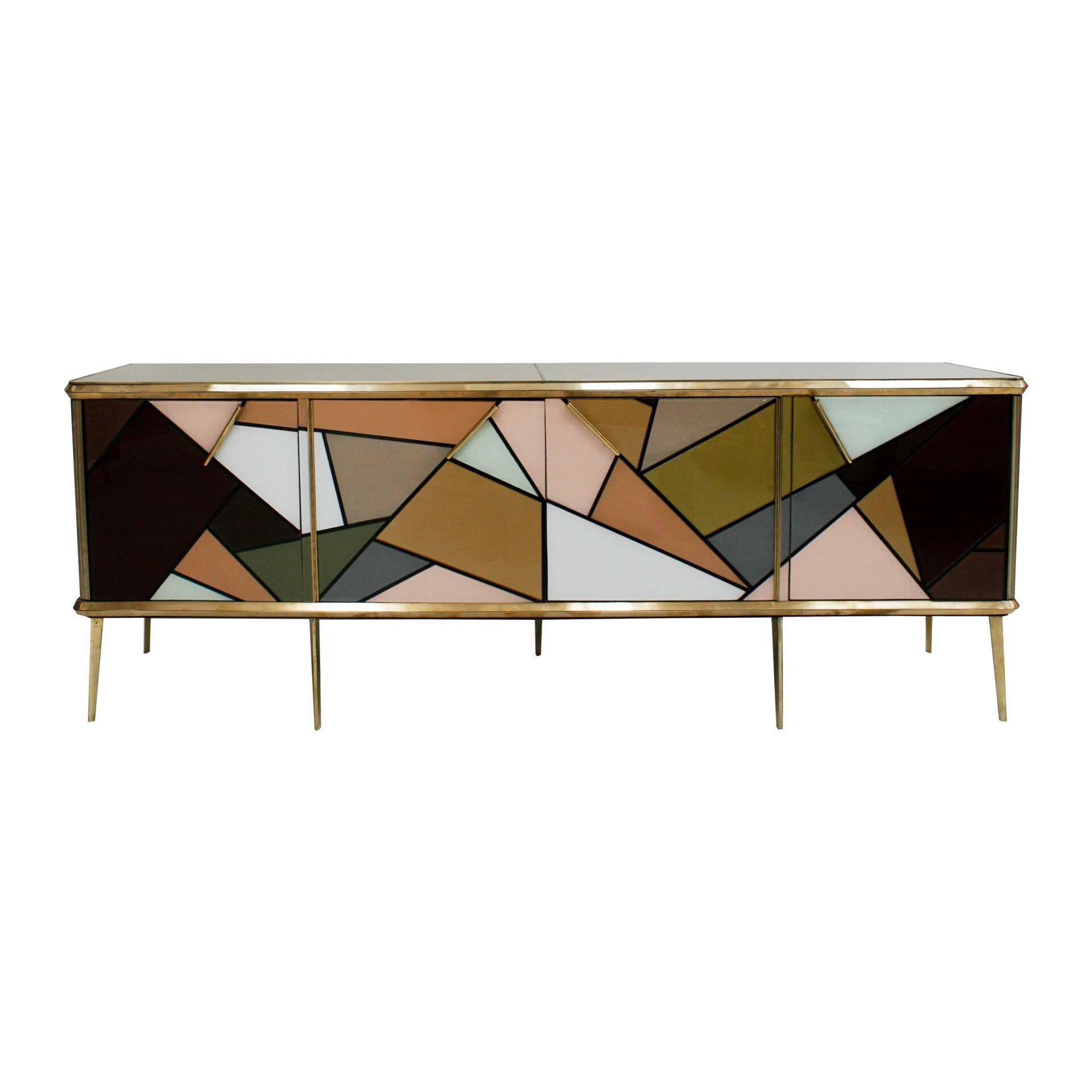 Mid-Century Modern Style Solid Wood Colored Glass and Brass Italian Sideboard