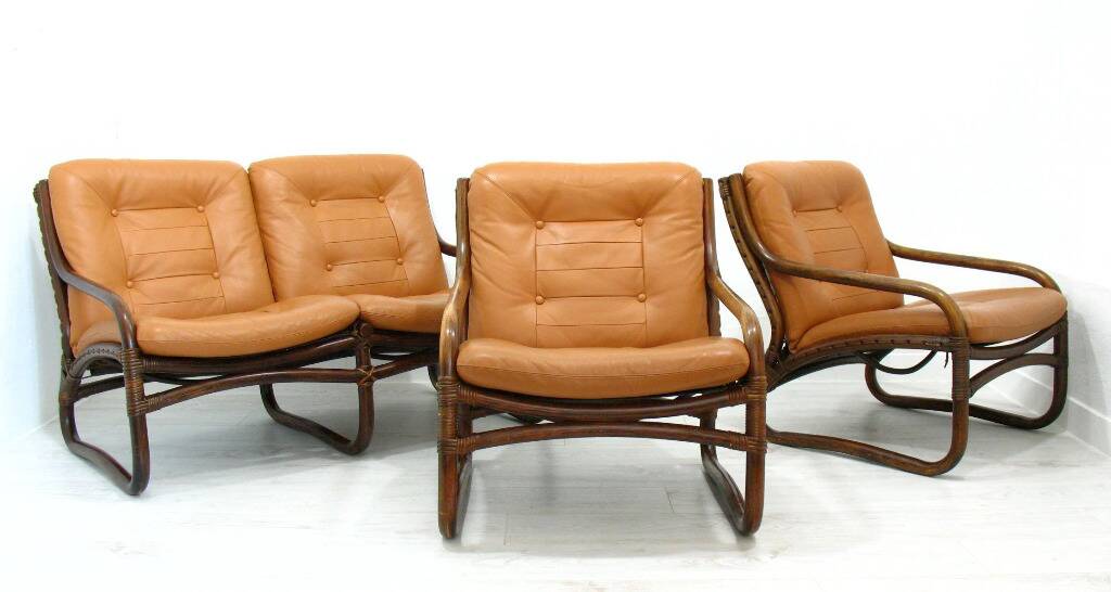 Italian Bamboo, Rattan, and Leather Living Room Set, 1970s