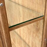 Restored antique oak display cabinet with glass shelves.