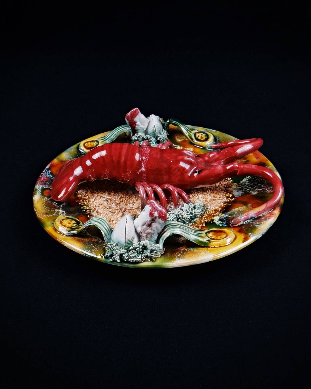 Lobster plate in Caldas da Rainha earthenware slip Palissy majolica