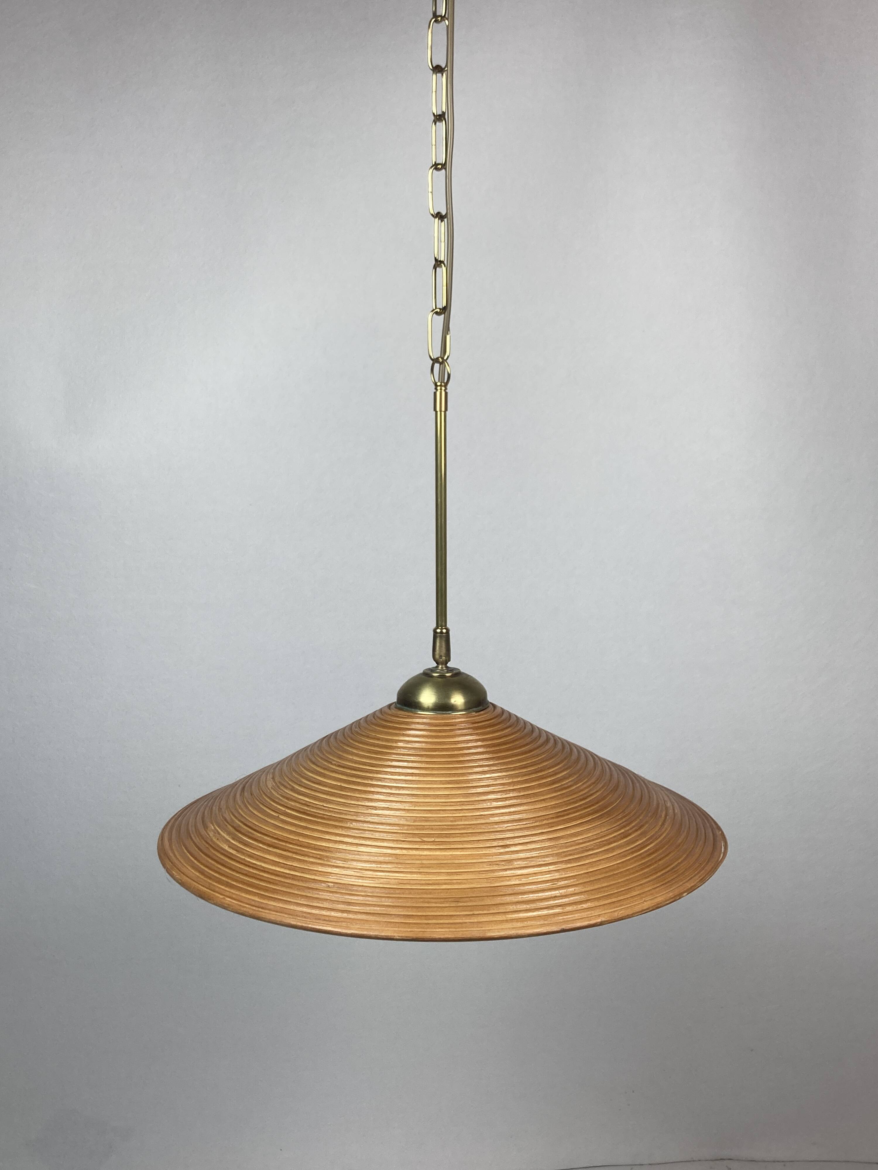 Pencil split reed, rattan, bamboo & brass pendant lamp, italy, 1970s