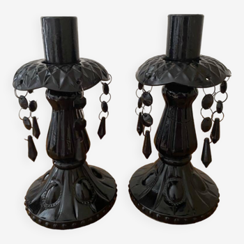 Pair of black stained glass candlesticks with tassels