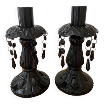 Pair of black stained glass candlesticks with tassels