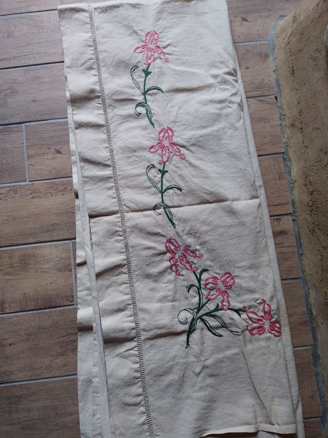 Old linen sheet embroidered decor flowers pink 210x300 cm
