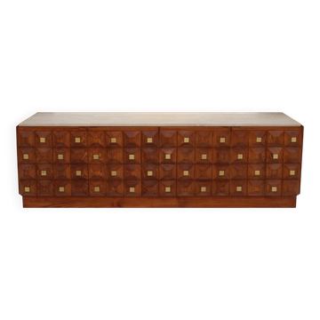 Contemporary Square Pattern Oak Wood, Brass and Travertine Top Italian Side