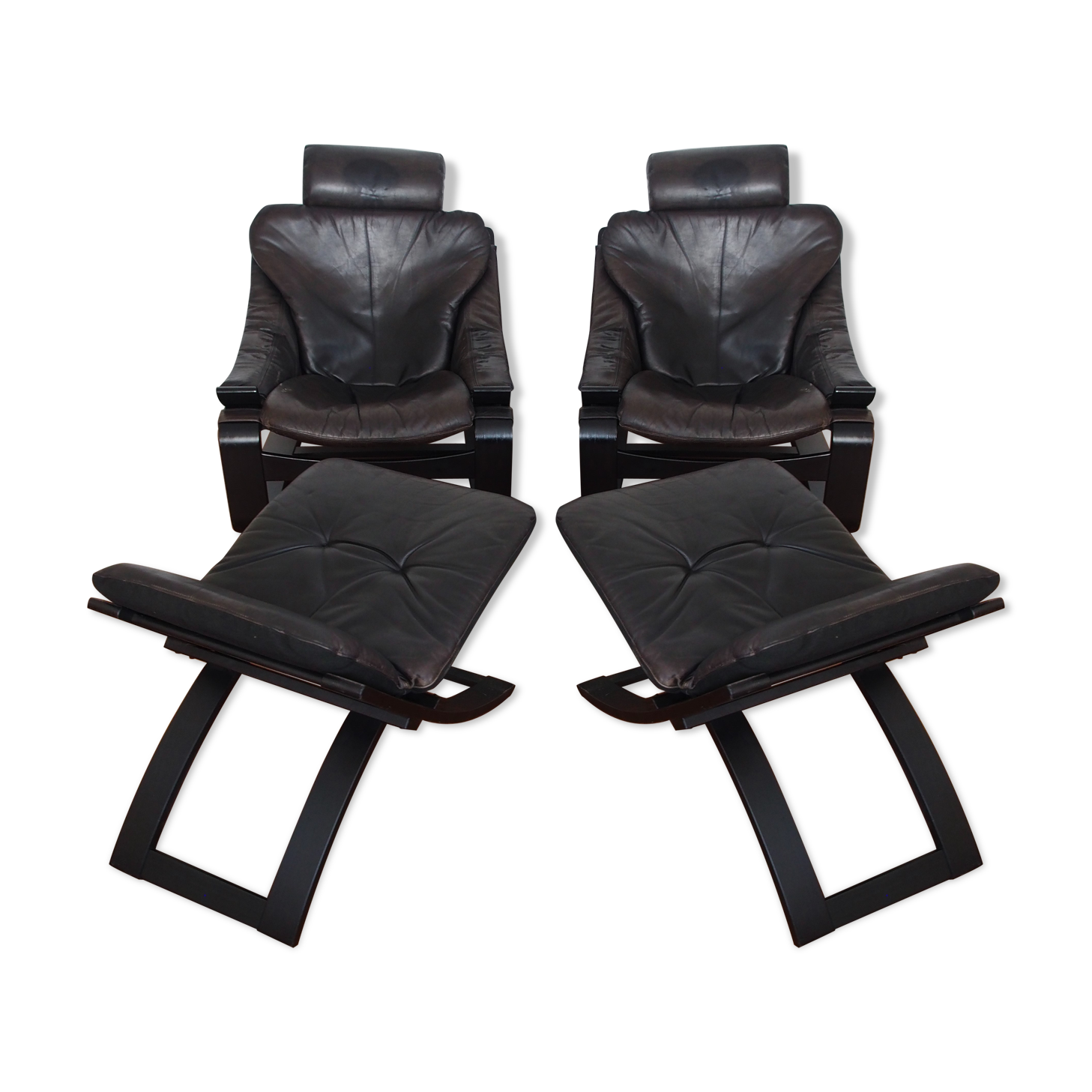Pair of Scandinavian armchairs and footrests