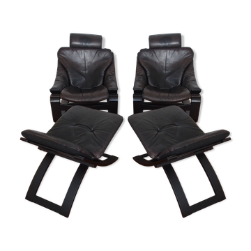 Pair of Scandinavian armchairs and footrests