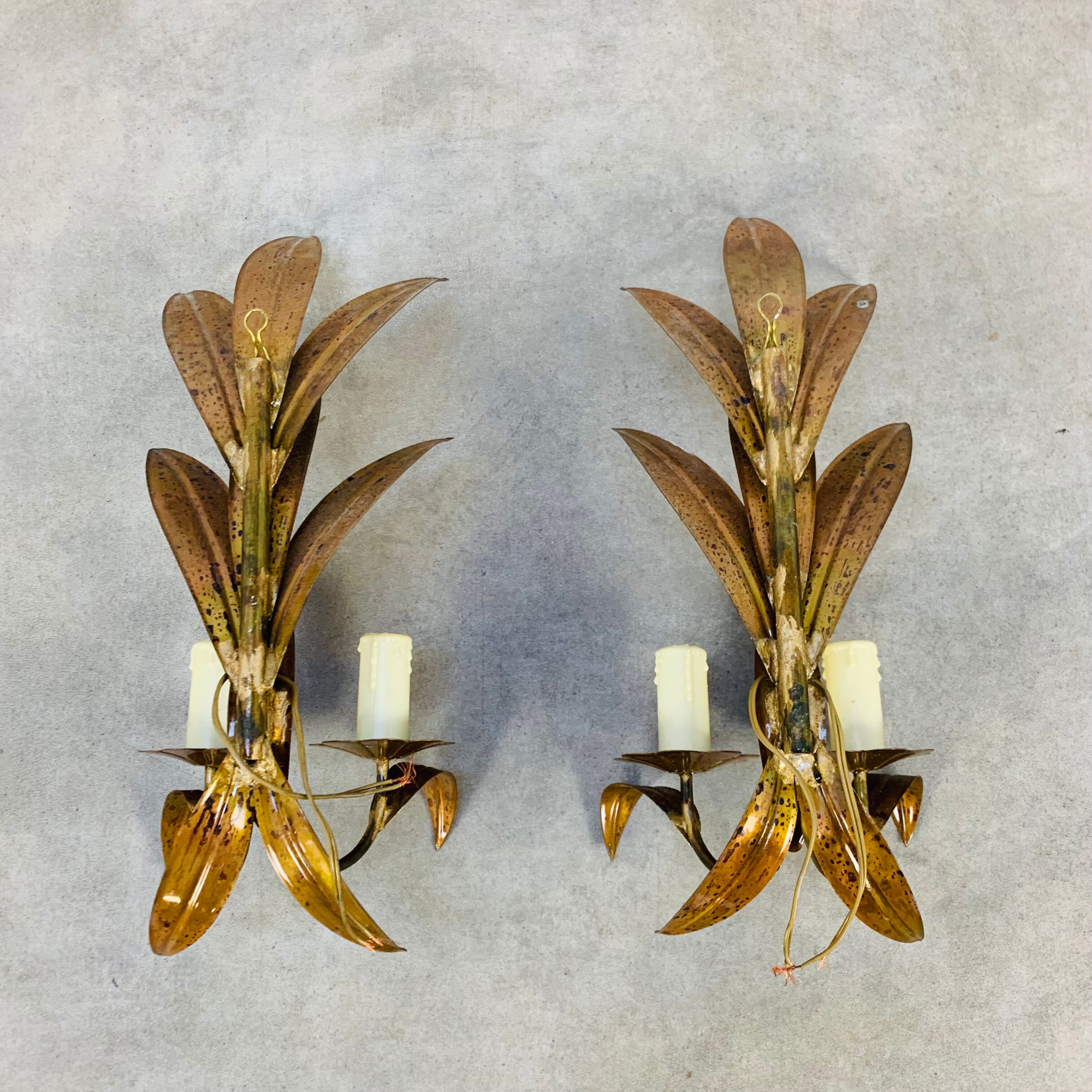 Pair of copper golden leaf sconces