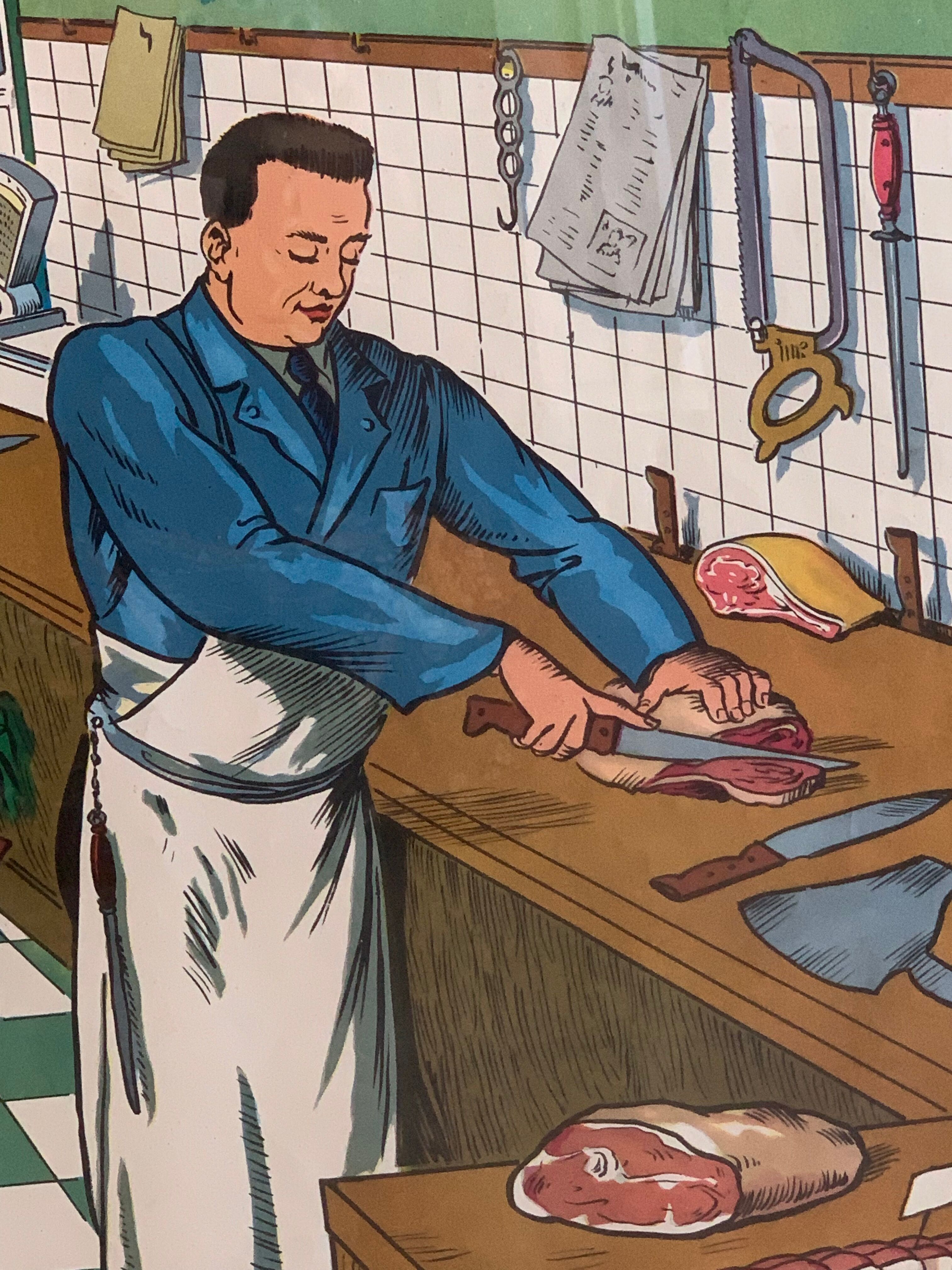 School poster 1960 framed double-sided n14bis The butcher charcutier- n 15 The garage