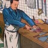 School poster 1960 framed double-sided n14bis The butcher charcutier- n 15 The garage