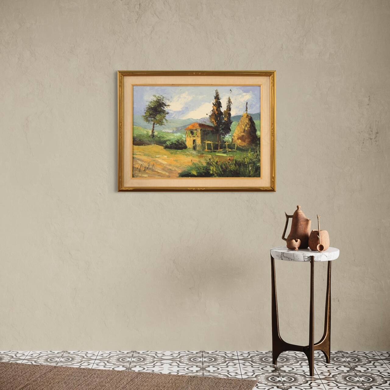 Italian signed painting countryside landscape from 20th century