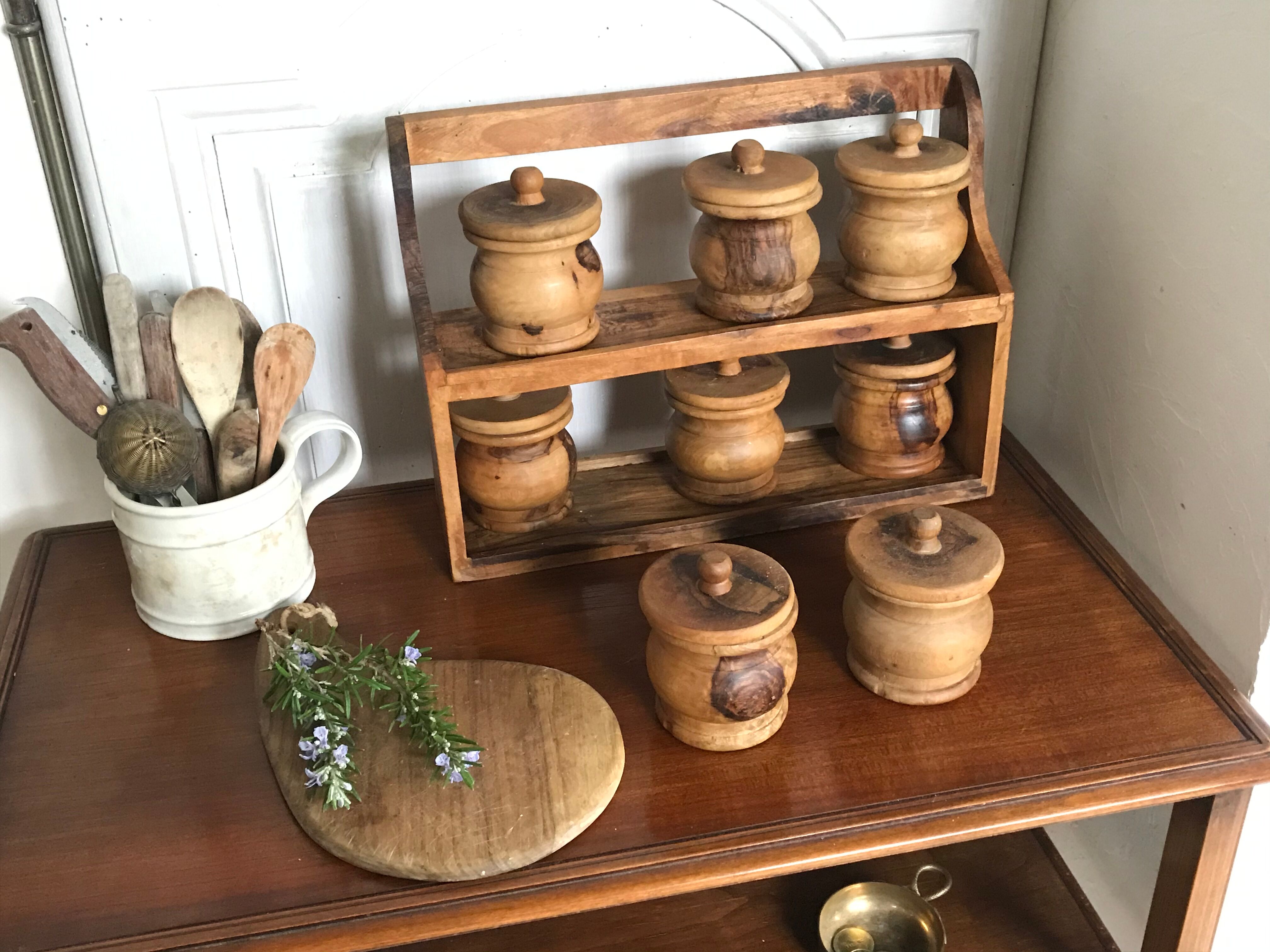 Spice shelf and olive wood pots