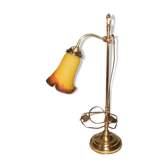 Lampe en bronze et tulipe en pate de verre signée Vianne
