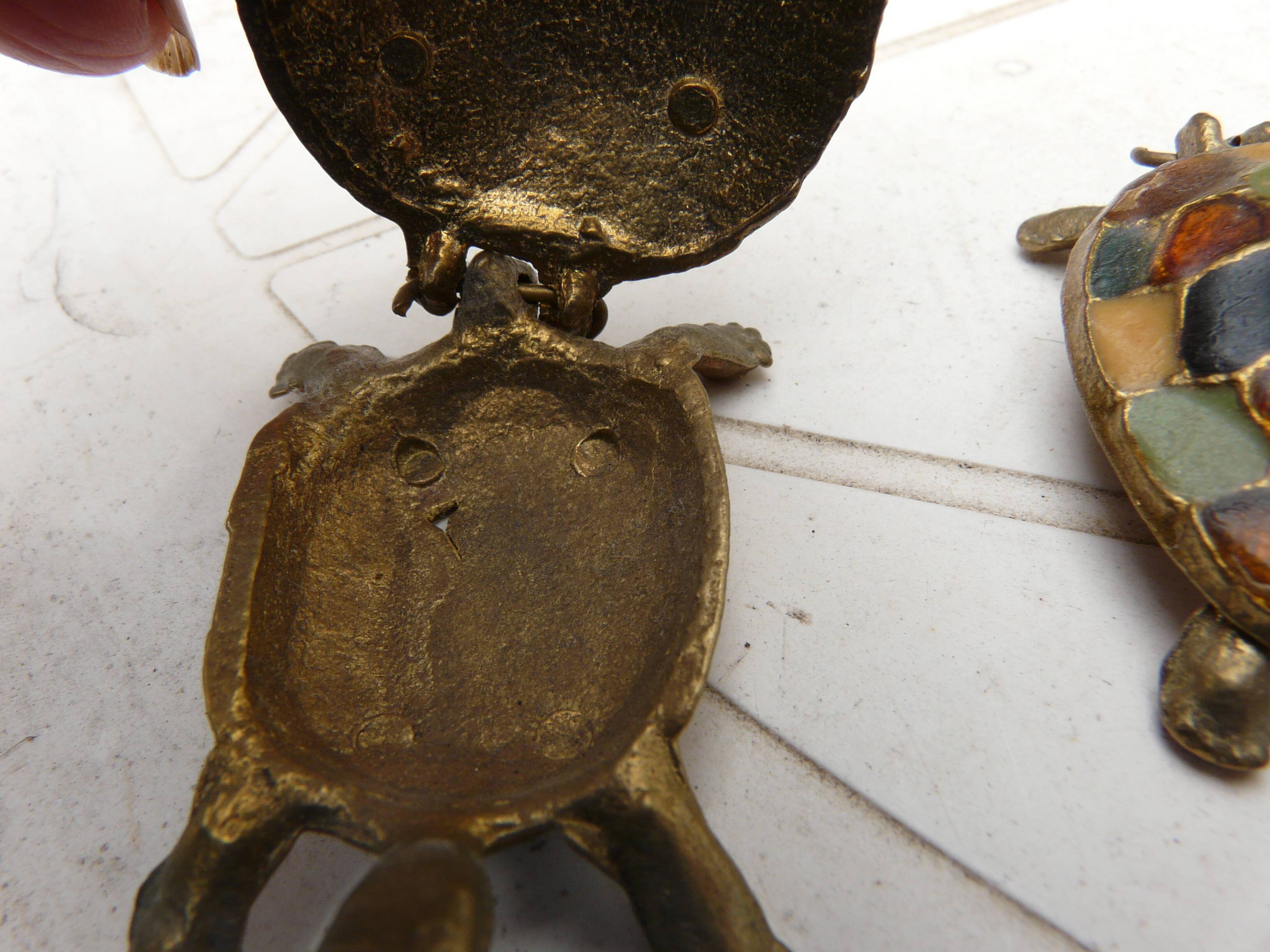 Pair of brass and enameled turtle jewelry box