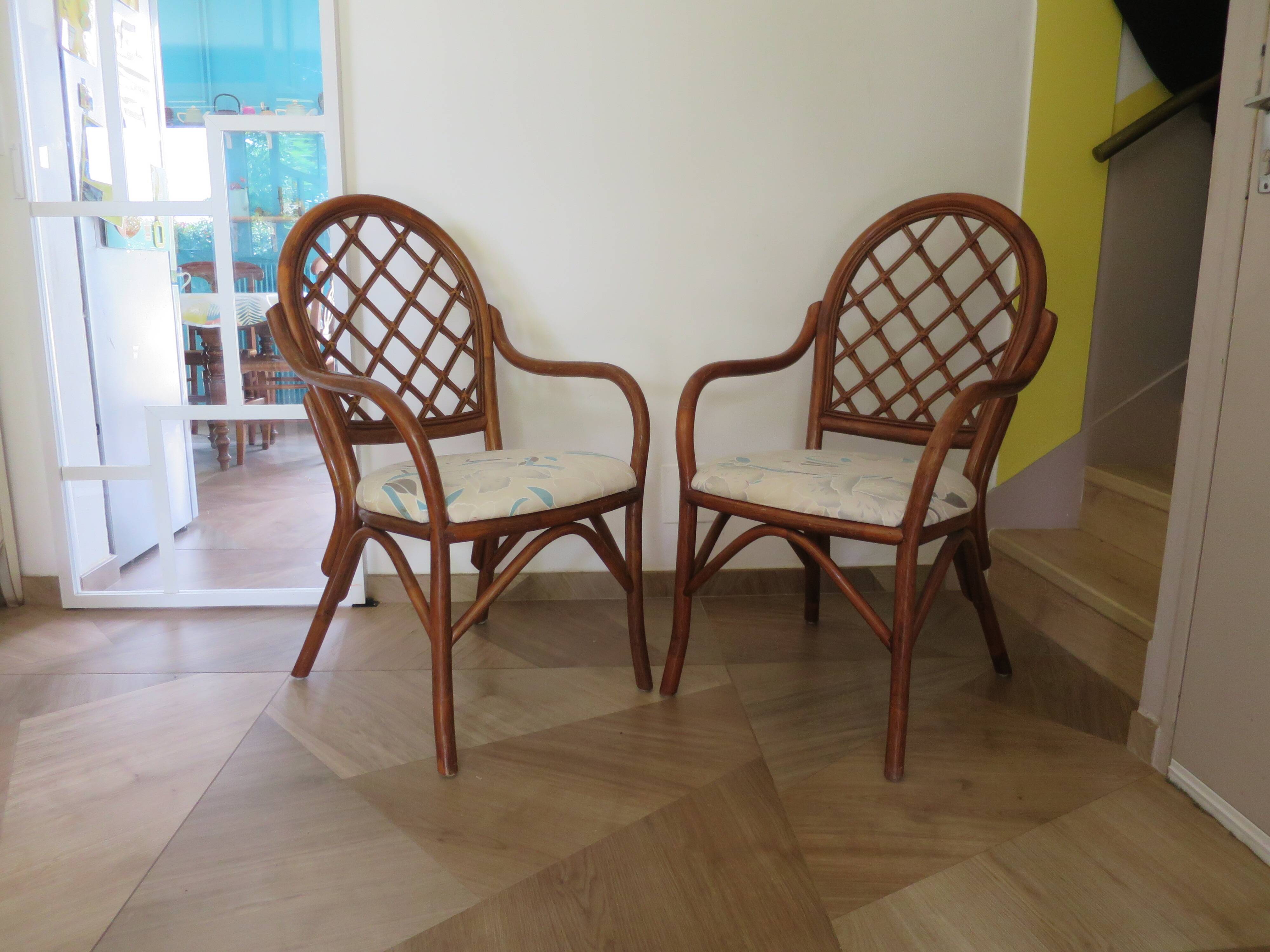 Vintage lot of 2 woven bamboo rattan armchairs - Curved wood - 1980s