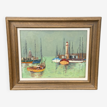 Framed painting, marine painting, the port and its boats sign RAY 77, painting on canvas cardboard